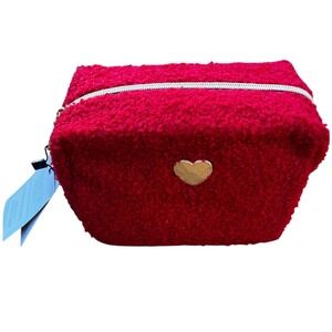 Cosmetic Toiletry Bag w/ Gold Heart Accent Red Sherpa Square Travel